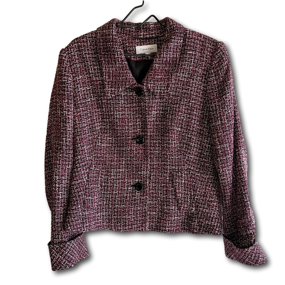 Calvin Klein Tweed Jacket Blazer Womens 16 Black Cream Berry Short Vintage